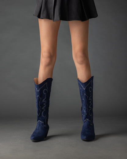 Detalles Suede Cowgirl Boots - Navy Blue