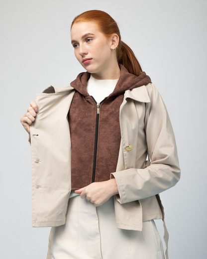 Gaberdine Jacket x Cotton Hoodie - Beige x Brown